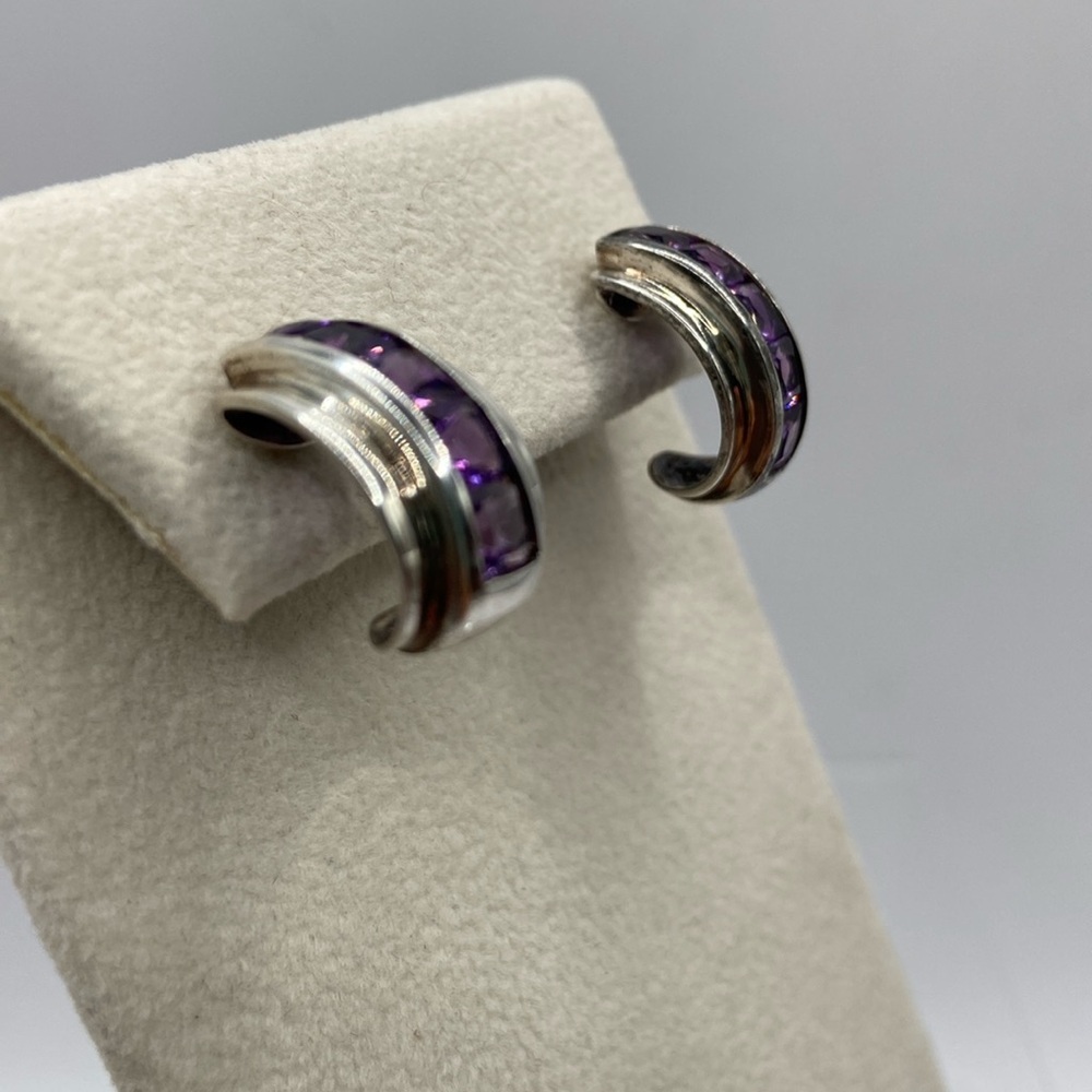 Sterling Silver 925 Channel Set Purple Amethyst Open Hoop Earrings Pierced - Picture 3 of 13